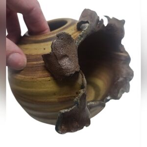 Brutalist  Brown and Tan Pottery Votive Candle Holder, Artist Signed